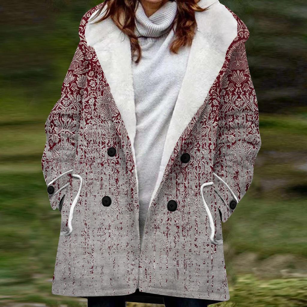 Женская большая куртка с теплой и плюшевой курткой на пуговицах с капюшоном и карманами