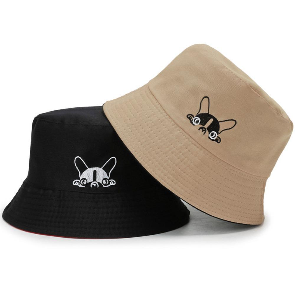 Foldable Bucket Hat Cute Dog Embroidered Fisherman Cap Portable Outdoor Sun Caps  Sun Protection