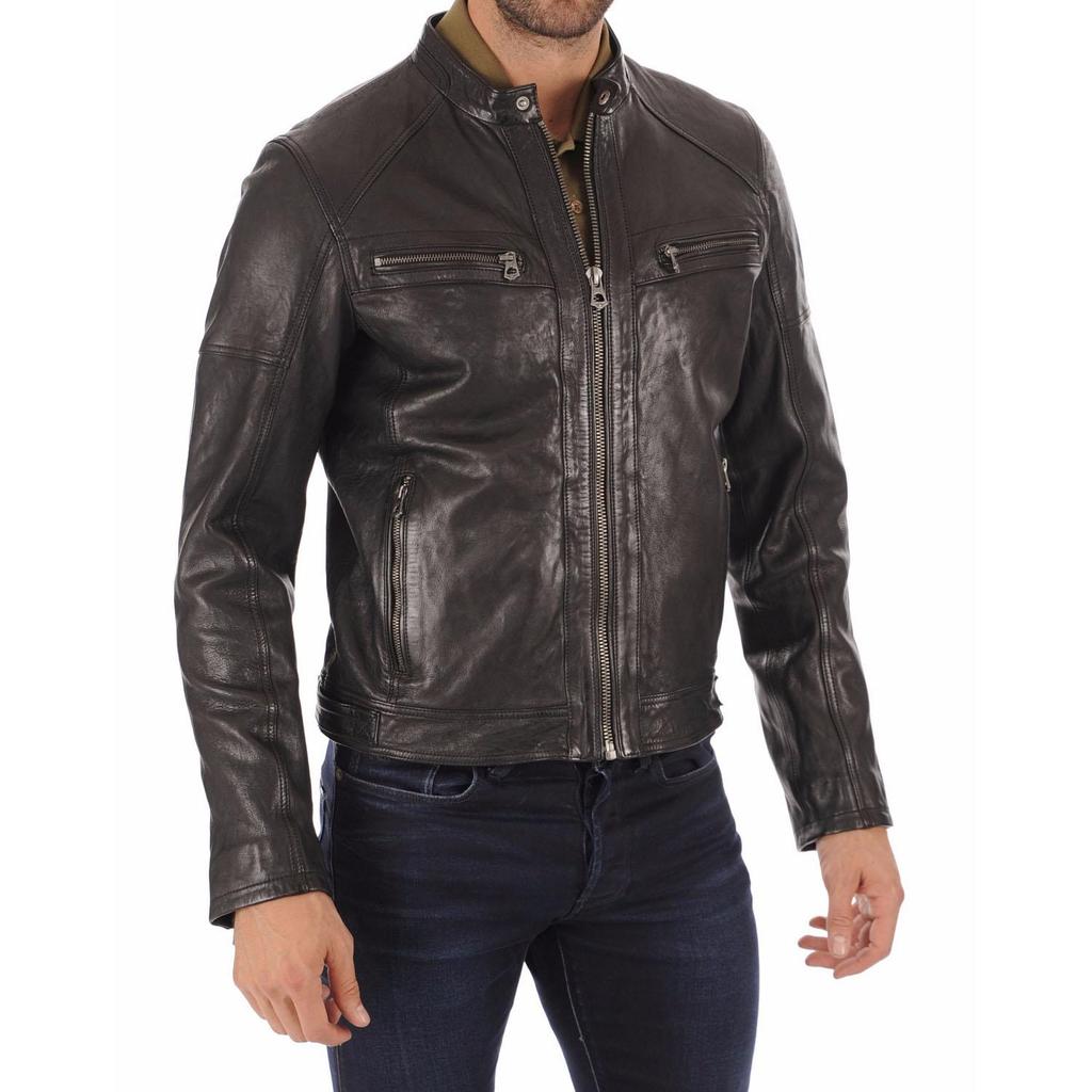 SkinOutfit Men's Genuine Lambskin Black Leather Jacket Stylish Motorcycle Bomber Biker Outerwear MJ 215
