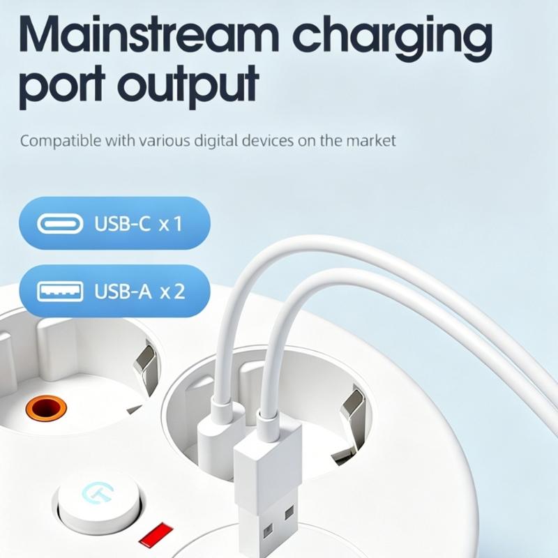 Удлинитель с розетками и USB-портами, умный дизайн, 4 розетки, 3 USB-порта для зарядки, регулируемый кабель 280 см, с защитой