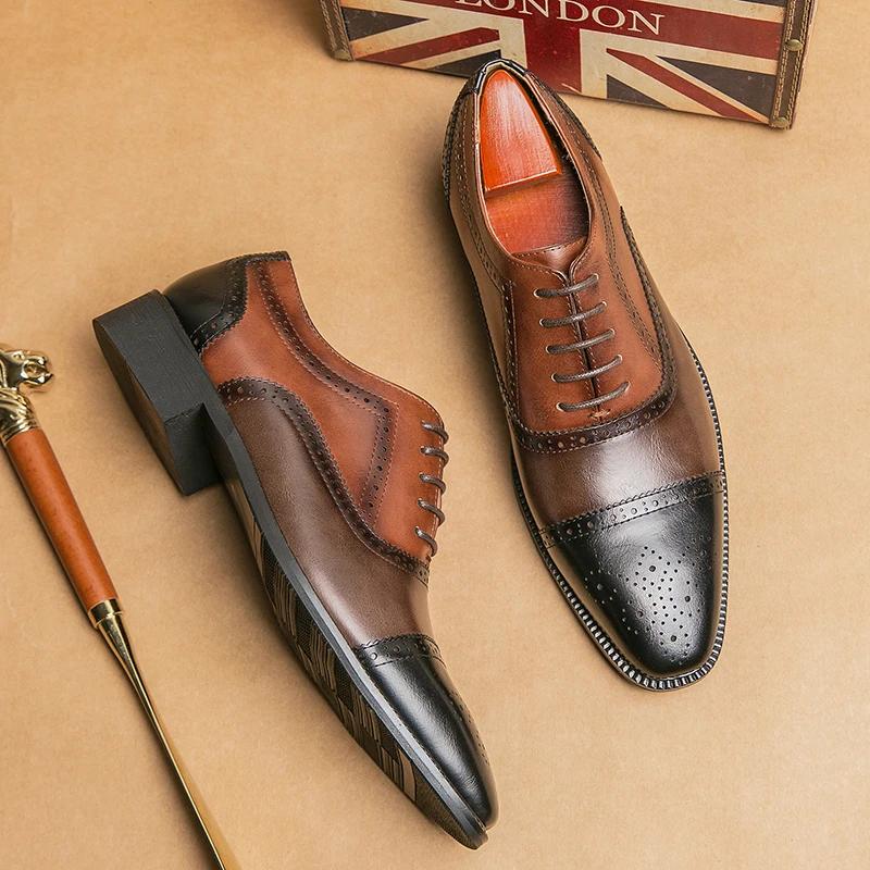 New Men Dress Shoes Brogue Shoes Square Toe Mixed Colors Lace-up Business Shoes for Men with