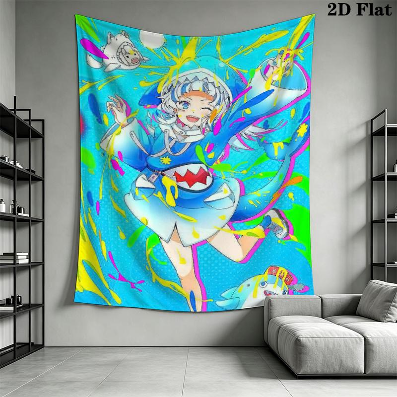 Gawr Gura Wall Tapestry Aesthetic Wall Hanging Printed Fabric Blanket Decorative Tapestries for Bedroom Living Room Home Decor