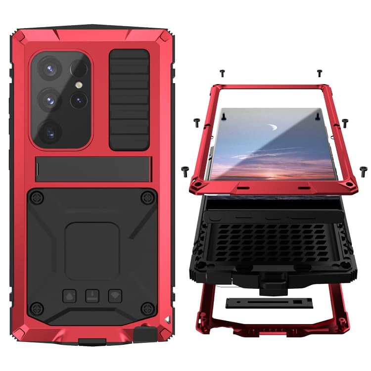 For Samsung Galaxy S24 Ultra Metal Bumper Heavy Duty Case with Stand Gorilla Glass Camera Cover Hybrid Durable Military Rugged Rugged Full Body