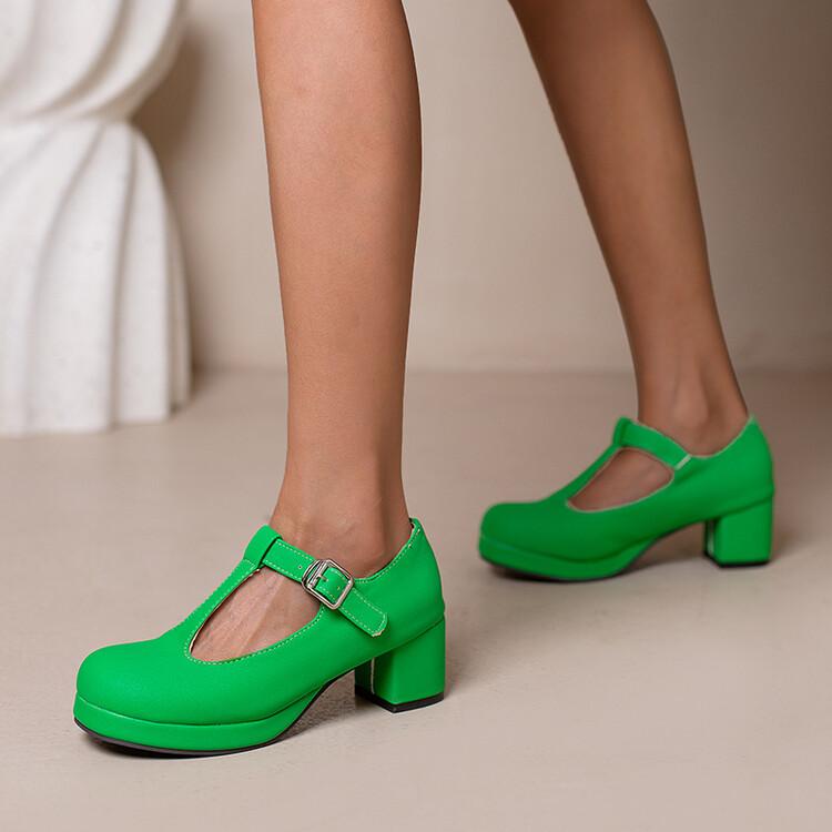 Женские туфли-лодочки на толстом высоком каблуке с круглым носком и Т-образной завязкой с пряжкой для вечеринки, лаконичная модная весенне-осенняя обувь, белый, синий, зеленый, фиолетовый