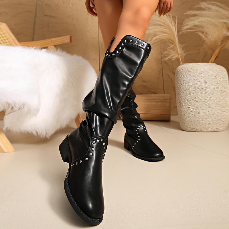 Fashion Rivet Decor Slouchy Knee High Boots for Women Fashion Black Chunky Heel Long Boots Woman Autumn PU Leather Riding Botas De Mujer