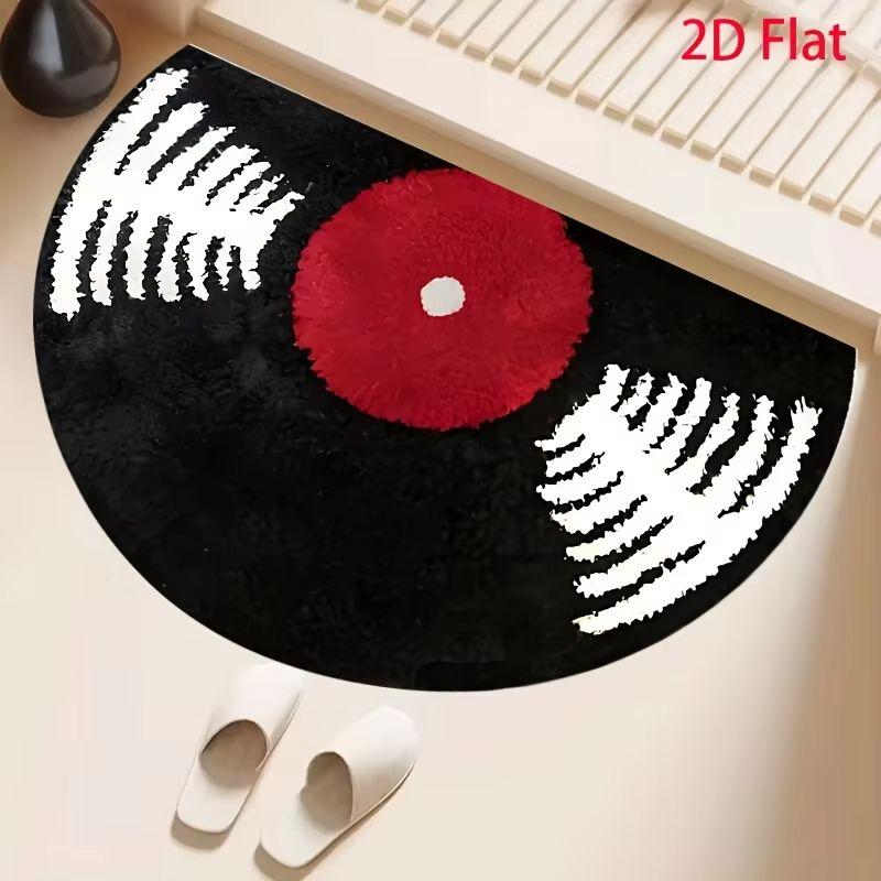 Vinyl Record Half Round Rug Black Red Print Non Slip Mat For Entryway Bedroom Bathroom Music Studio Decor