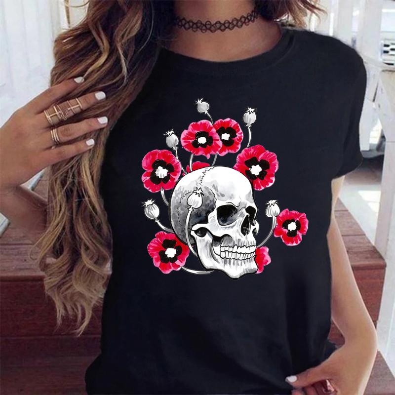 Maycaur Fashion Skull Flower Print Женская футболка Летняя повседневная женская футболка с коротким рукавом и круглым вырезом в стиле 90-х годов, женская футболка, топы