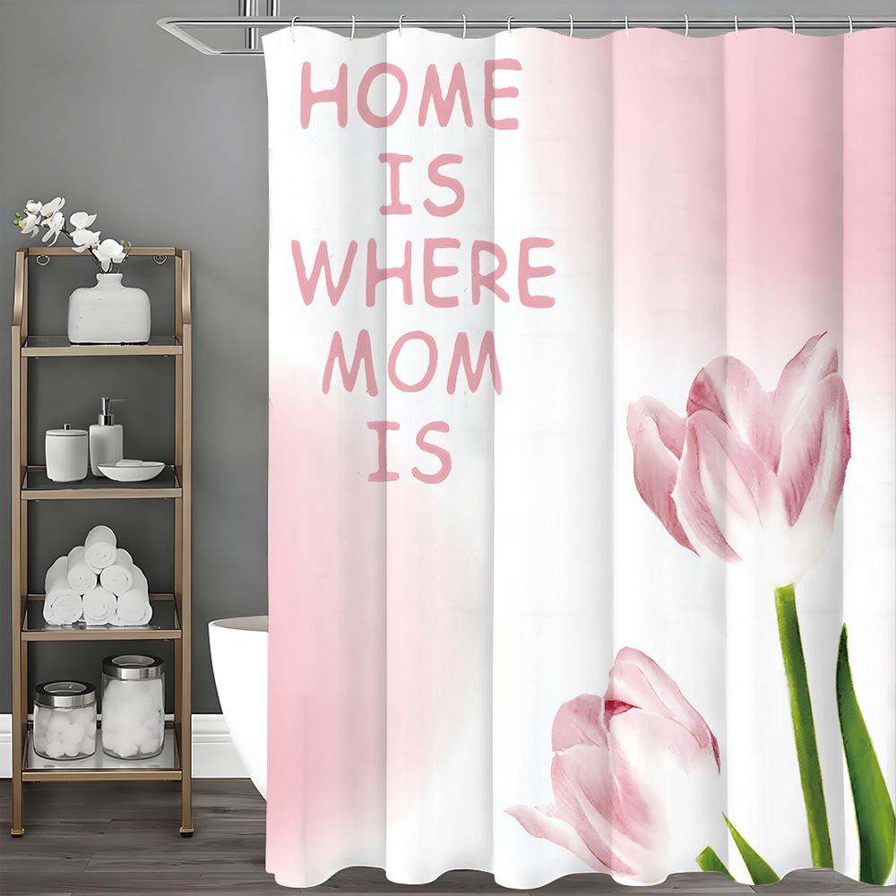 Mother's Day Pink Tulip Text Shower Curtain, Bathroom Decorative Shower Curtain, Waterproof Shower Curtain with Hooks
