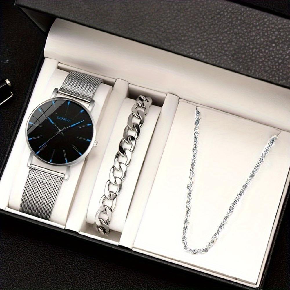 3pcs/set, Fashion Men's Business Casual Mesh Strap Quartz Watch & Bracelet Necklace Set, Ideal Choice for Gifts