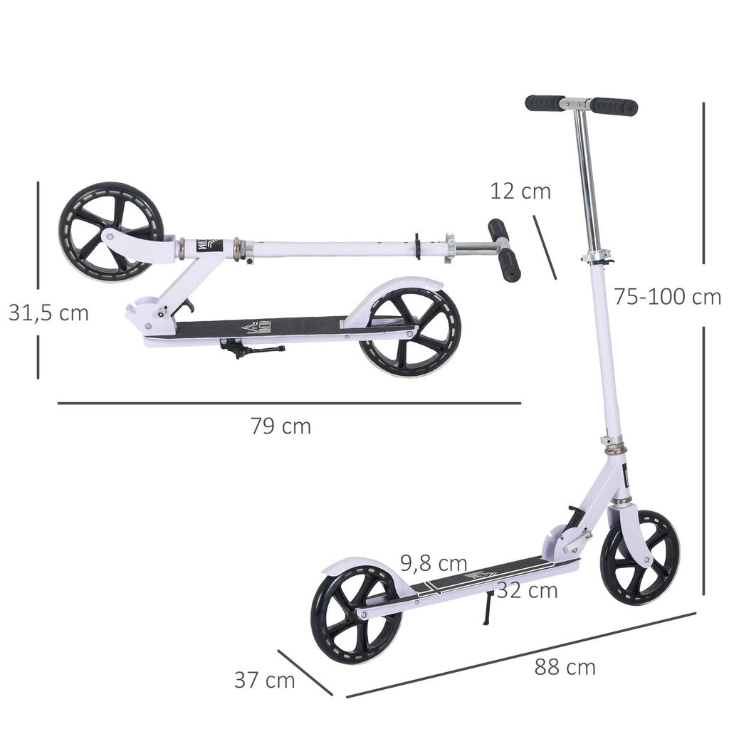 Folding Scooter Handlebar Height Adjustable to 4 Levels Rear Braking System for Children Teenagers Max. Weight 100KG Dim. 88L x 37W x 75-100H cm White