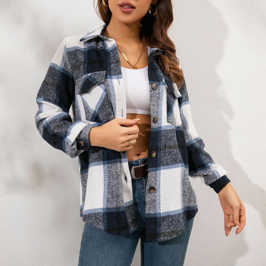 Модная женская повседневная свободная шерстяная плюшевая клетчатая куртка-рубашка с длинными рукавами