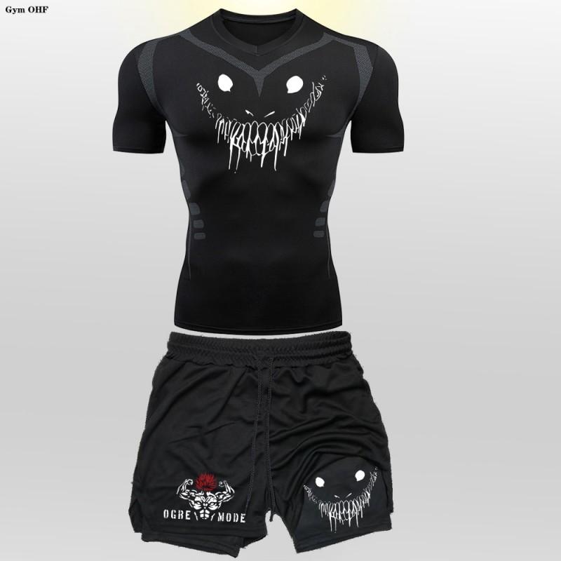 Mens Athletic 2-Piece Set: Quick-Dry Compression T-Shirt Shorts With Graphic Print Running Training Gym