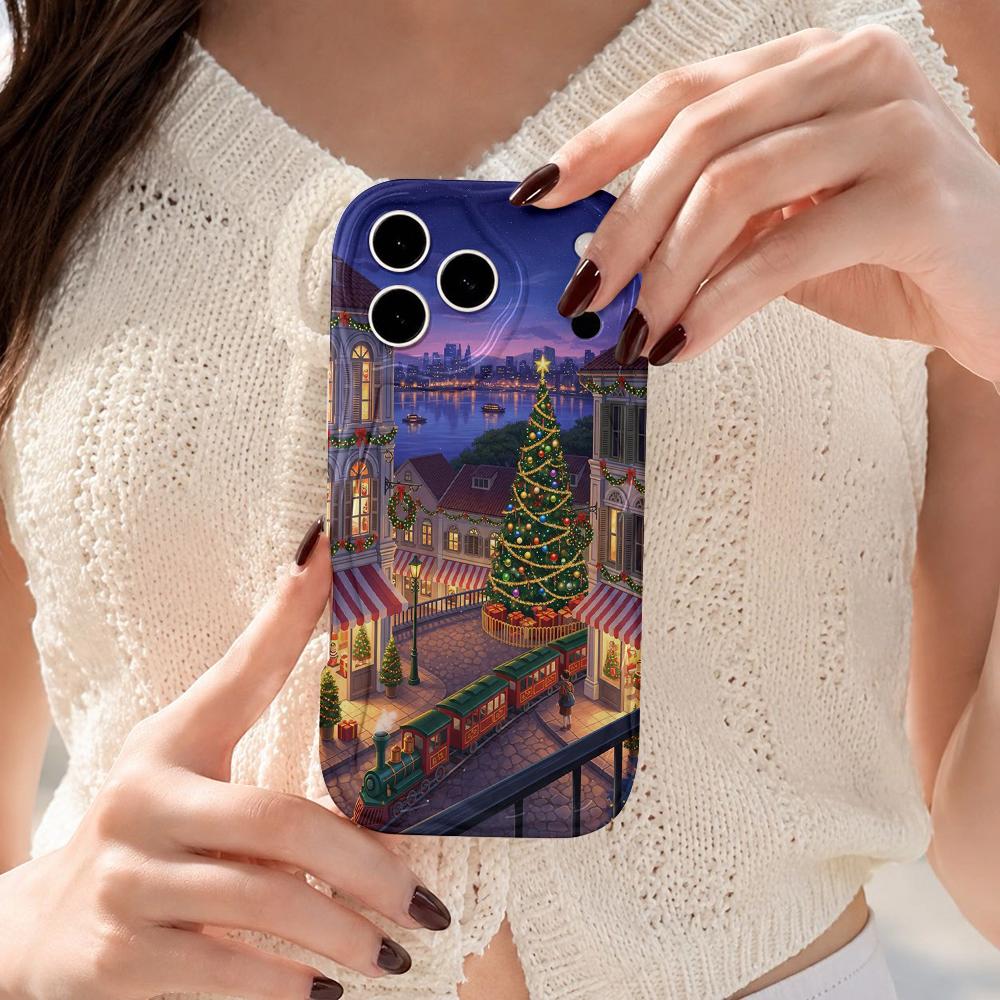 Christmas Town Train Night Scene Phone Case for iPhone 17 Pro Max, Festive Holiday Village Soft TPU Cover, Winter Xmas Scenic Protective Back Shell
