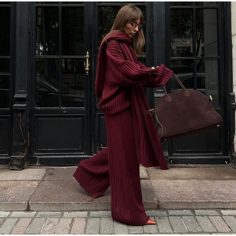 Свободные трикотажные женские комплекты с V-образным вырезом, длинным рукавом, шарфом, пуловером, длинными брюками, трикотажный женский костюм, осенне-зимние повседневные женские костюмы