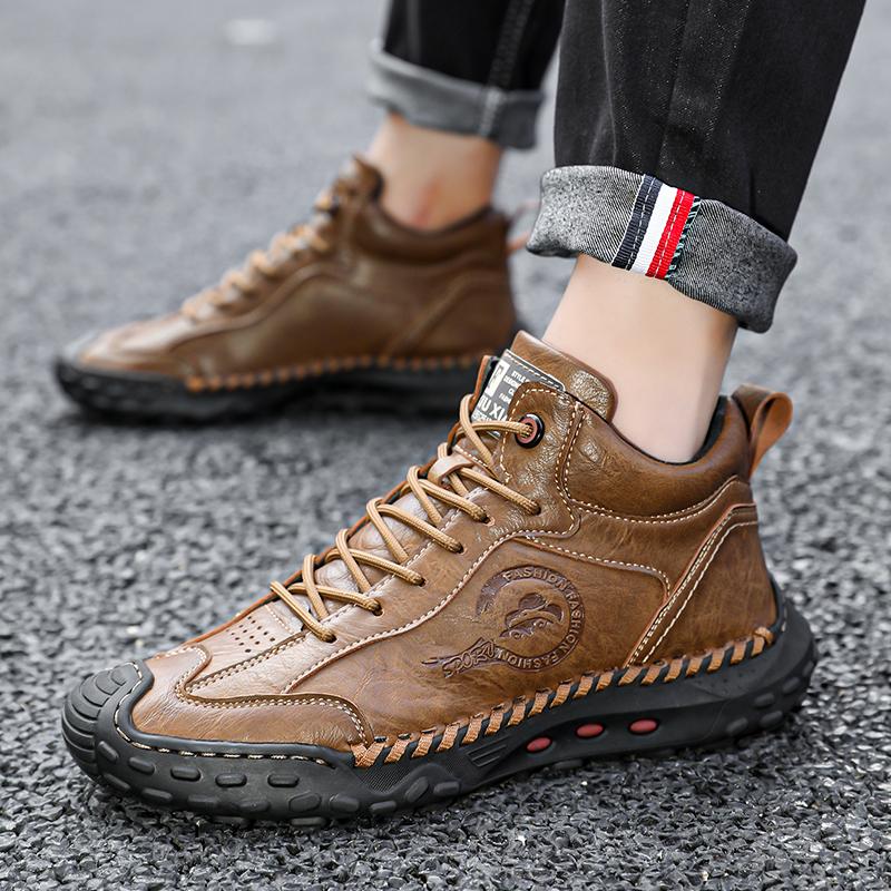 Hand-stitching Leather Men Boots Genuine Leather Casual Leather Shoes Men Ankle Boots