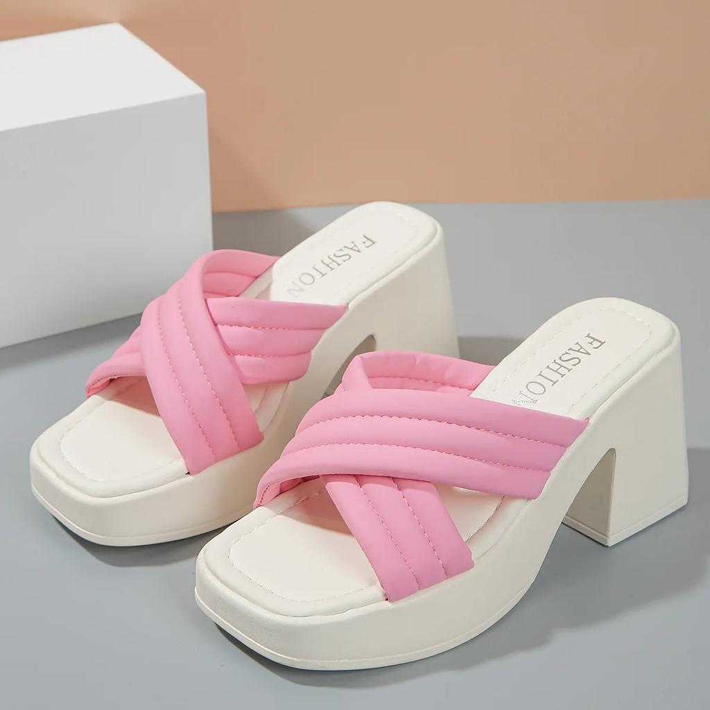 Повседневные тапочки-кроссоверы на высоком каблуке для женщин, летняя новая верхняя одежда, толстый каблук, толстая подошва, однотонные пуловеры