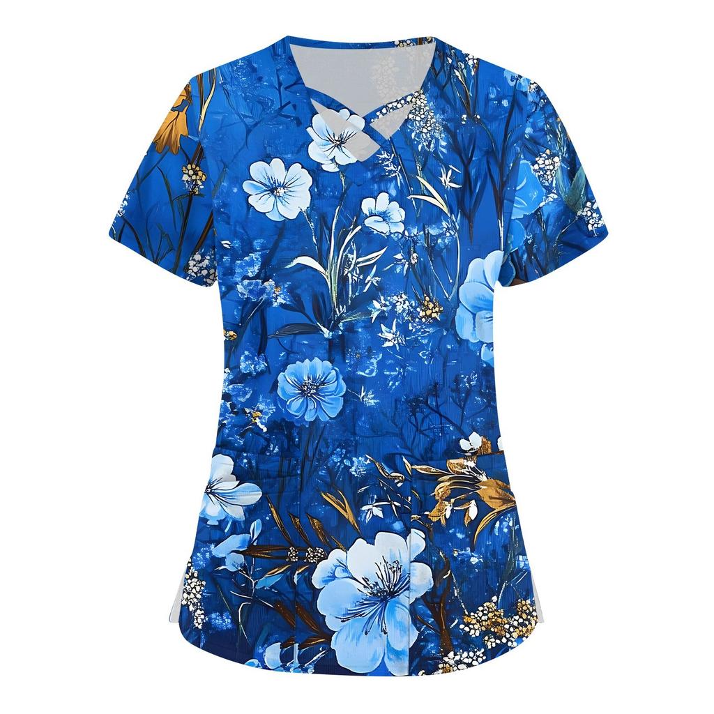 Women's Short Sleeve Stagger V Neck Print Pocket Dry-nurse Top