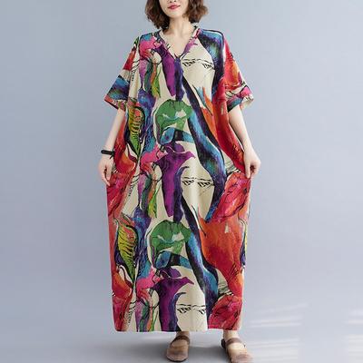 Реальное фото Лето Новое Литературное Большой размер Свободное Принт Хлопок и Лен V-образный вырез Короткий рукав Платье Женское Пляжное платье