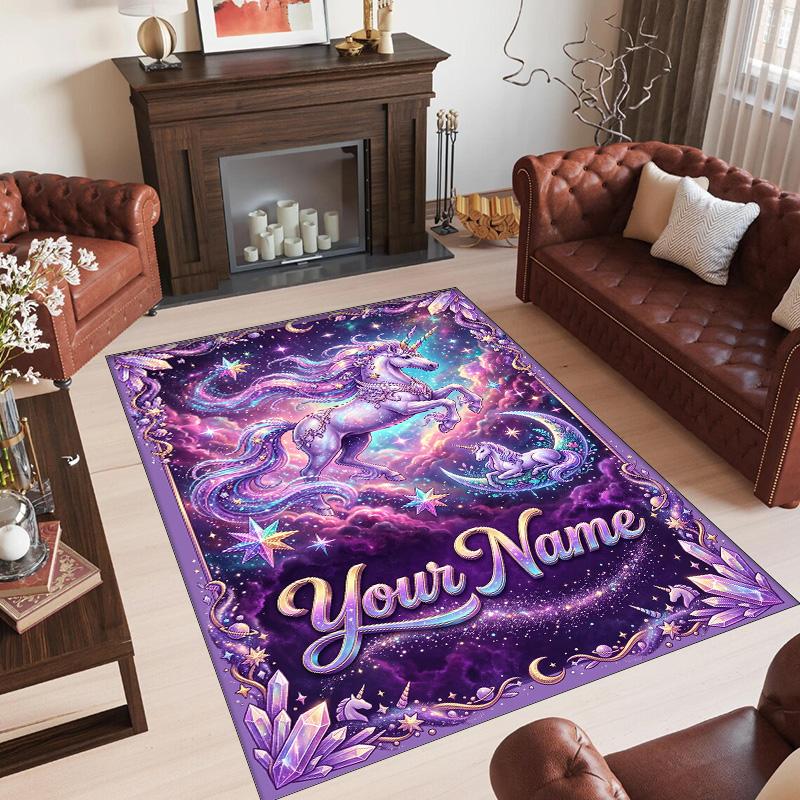 Unicorn Theme Crystal Velvet Floor Rug Personalized Custom Name Text Warm Carpet Home Decoration