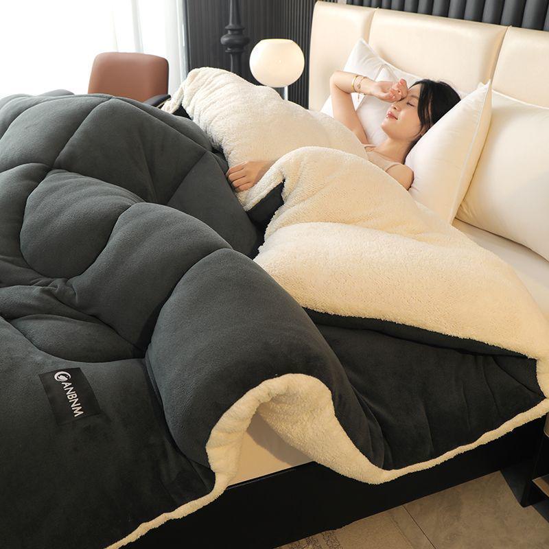 Теплый зимний стеганый одеяло из шерсти ягненка и набор с плюшевым пододеяльником - Уютное флисовое одеяло для общежитий и одиночных комнат