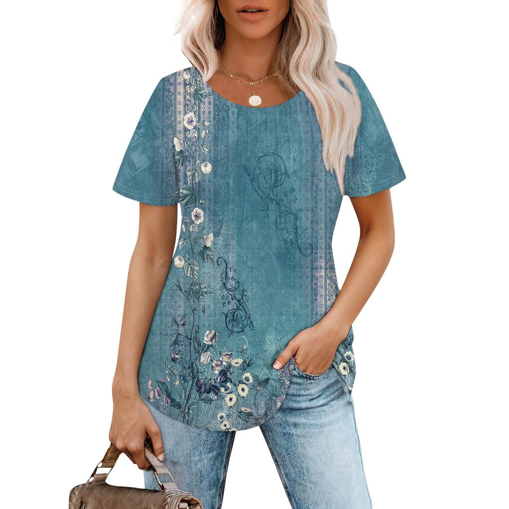 Women's Fashionable Casual Pleated Round Neck  Printed Short Sleeved T-shirt Top