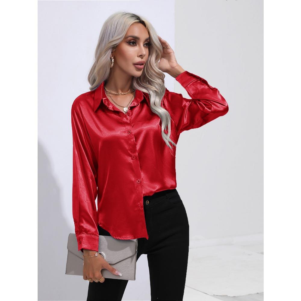 Women's New Popular Satin Shirt Imitates Silk Long Sleeved Shirt