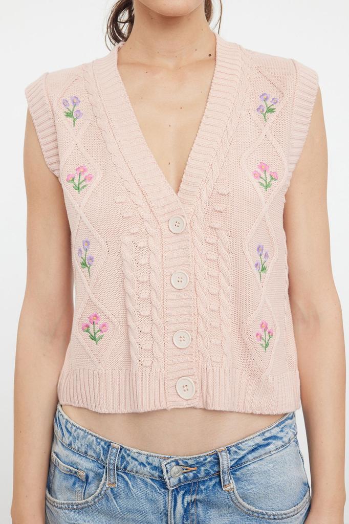 Women's Elegance Style Sweater Stone Flower Embroidery Detailed Knitwear Vest
