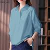 Women Turn Down Collar Loose Casual 3/4 Sleeve Plain Blouse