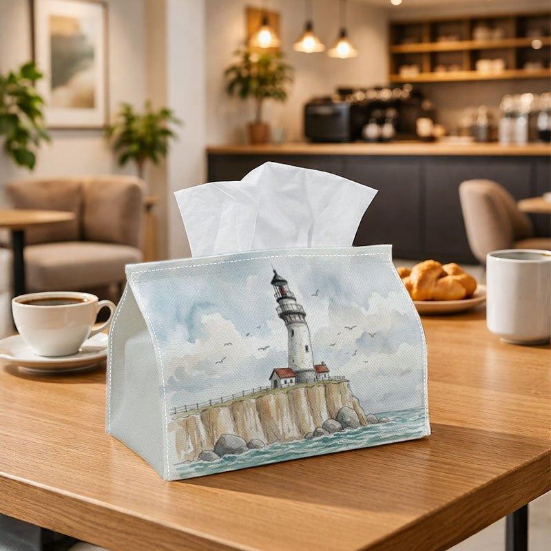 1pc Whimsical Artistic Landscape Tissue Box | Durable, Lighthouse Seaside Scene Suitable for Living Room Accent, Bedroom Decor, Encouragement Gifts, W