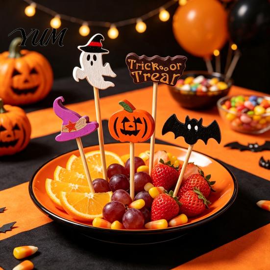 Spooky Food Picks for Party 100PCS Halloween Bamboo Toothpicks, Cute Tree Shaped Disposable Skewers, Festive Fruit Skewers Decorative Dessert Toppers