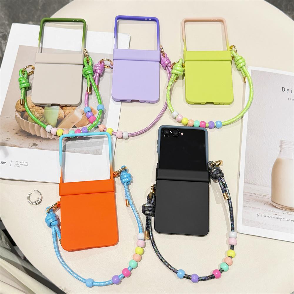 Gradient Color Hard Hinge Full Protection With Colorful Beaded Wrist Strap Phone Case For Samsung Galaxy Z Flip 8 7 FE 6 5 4 3
