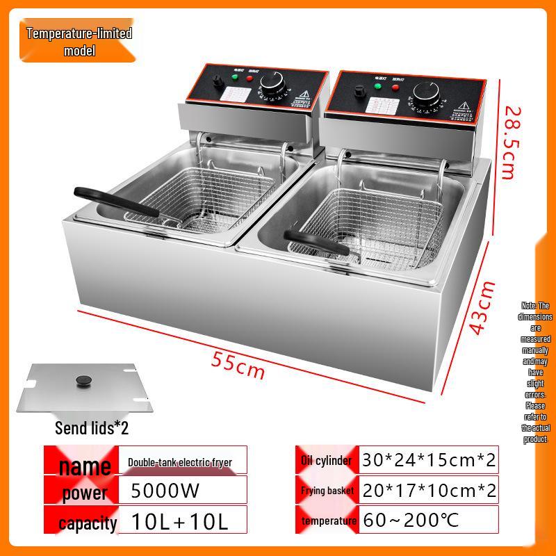 Dual Tank Stainless Steel Electric Deep Fryer - Constant Temp Fryer for Skewers, French Fries, Street Food.