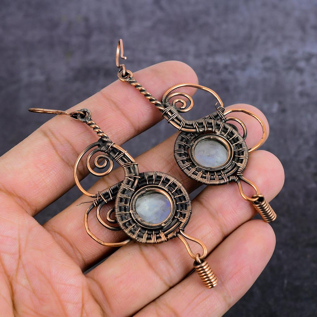Natural Moonstone Gemstone Handmade Copper Wire Wrap Jewelry Earring 3.55" G0p68