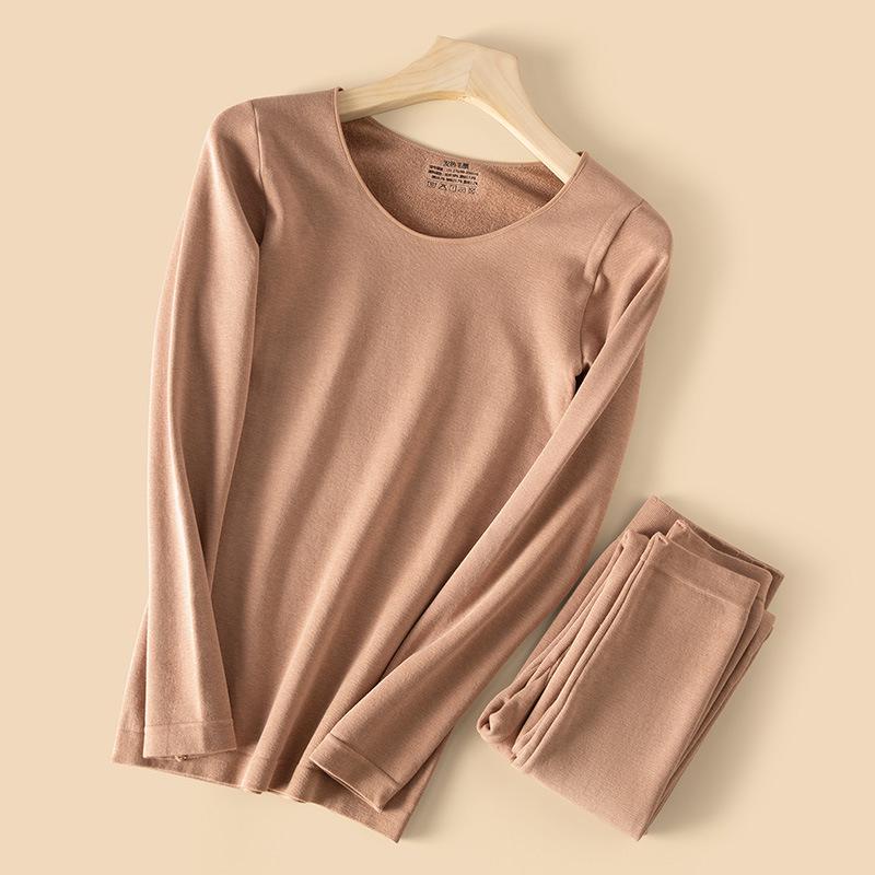 Комплект женского термобелья: Плотный бархат, бесшовный, с круглым вырезом для осени и зимы