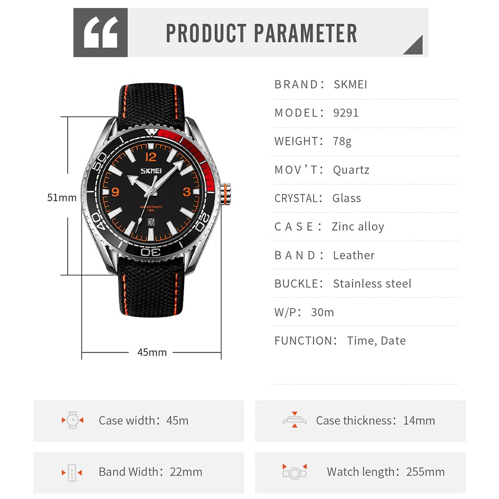 SKMEI Watch Sports Black Arm Watch Watch Стильные фирменные часы с кожаным ремешком Водонепроницаемые Большие повседневные деловые часы с большим циферблатом Аналоговые флуоресцентные роскошные наручные часы черного цвета