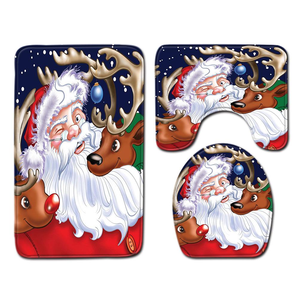 Christmas Home Shower Curtain Polyester Cloth Four-Piece Toilet Floor Mat Bathroom Non-Slip Door Mat Bedroom Carpet