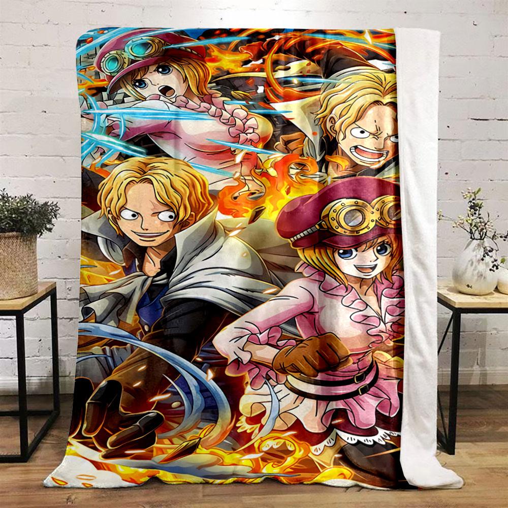 Characters in dynamic poses surrounded by flames and action effects. for all seasons blanket lunch break throw gift