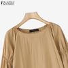 ZANZEA Womens Round Neck 3/4 Sleeve Solid Irregular Casual Loose Blouse