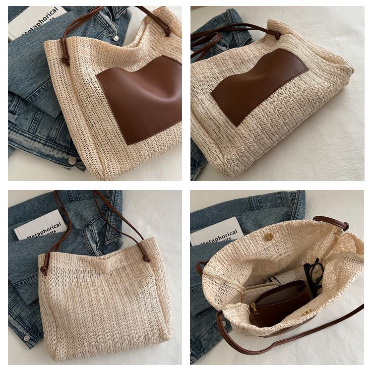 Женская плетеная сумка из соломы на весну/лето 2024 года: Винтажная сумка-тоут на плечо в пасторальном стиле
