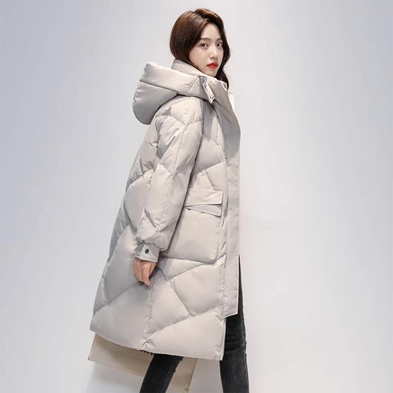 Women's Winter 90 White Duck Down Coat Casual Down Coat Long Coat Women's Outdoor Clothing Loose Padded Hooded Warm Parka