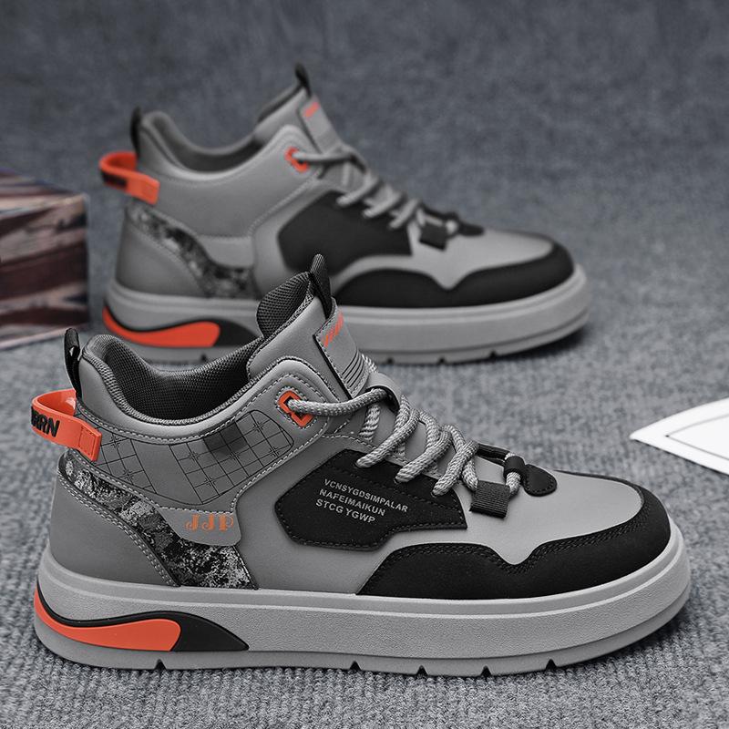 Autumn new leather splicing contrasting color platform heightening board shoes fashion casual outdoor sports shoes high top men's shoes