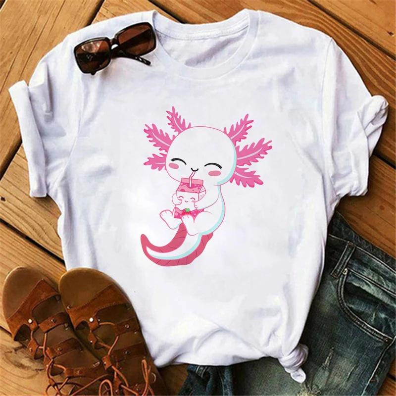 Футболка Axolotl, одежда унисекс, милая, кавайная, винтажная, y2k, футболка, женская, унисекс, Drink Bubble Tea, повседневная, с коротким рукавом, футболка