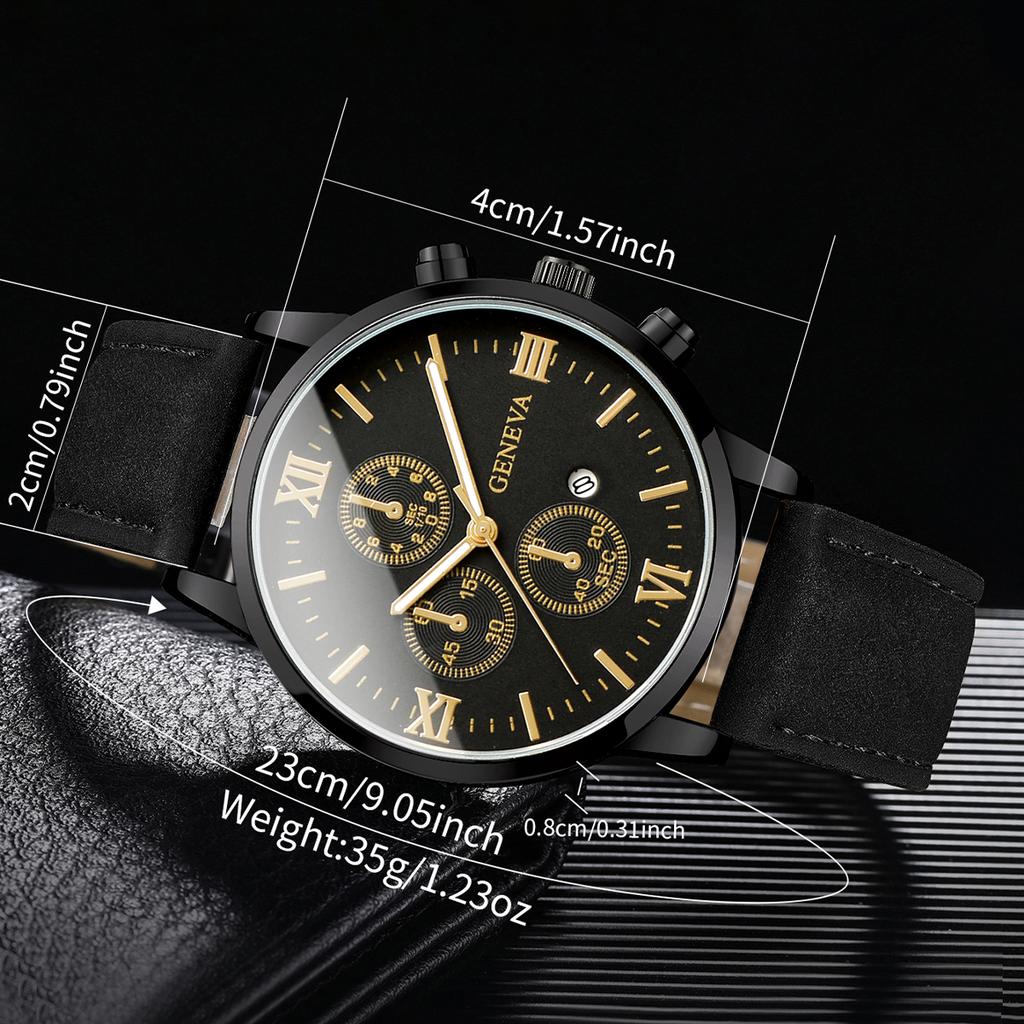 3pcs/set Men's Handsome Leather Watch Simple Roman Scale Three Eye Dial Men's Calendar Strap Quartz Combination Watch (No Box)