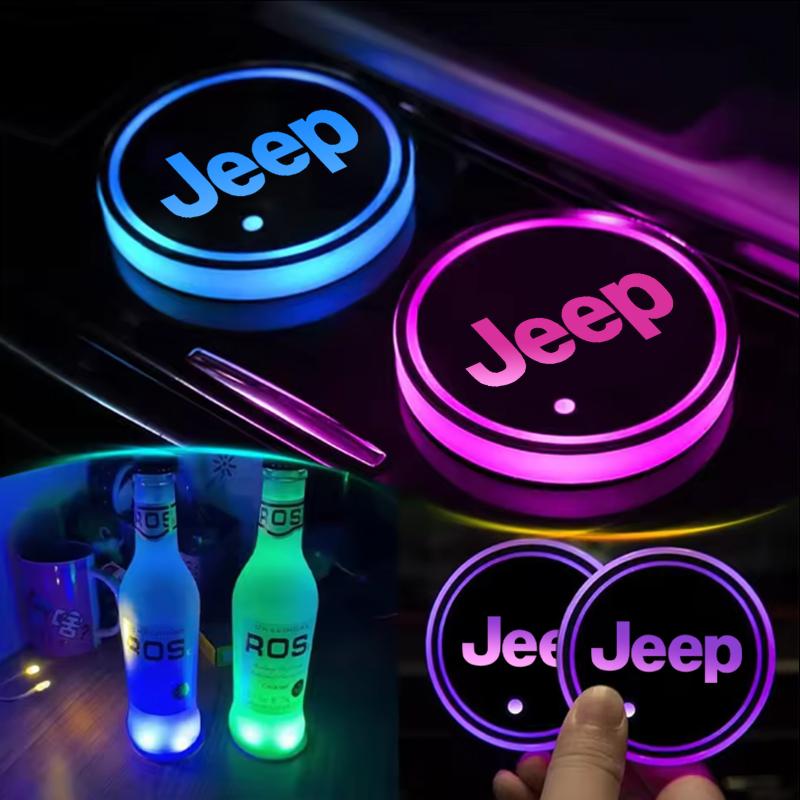 Car LED Cup Coasters Logo Light USB Charging Luminous Coaster For Jeep Renegade Wrangler Cherokee Compass Patriot Accessories