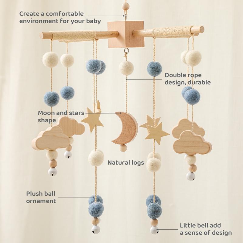 Baby Rattle Crib Mobile Toys 0 -12 Months Star Moon Wooden Bed Bell Musical Box Hairball Nordic Hanging Decor Accessories Gifts