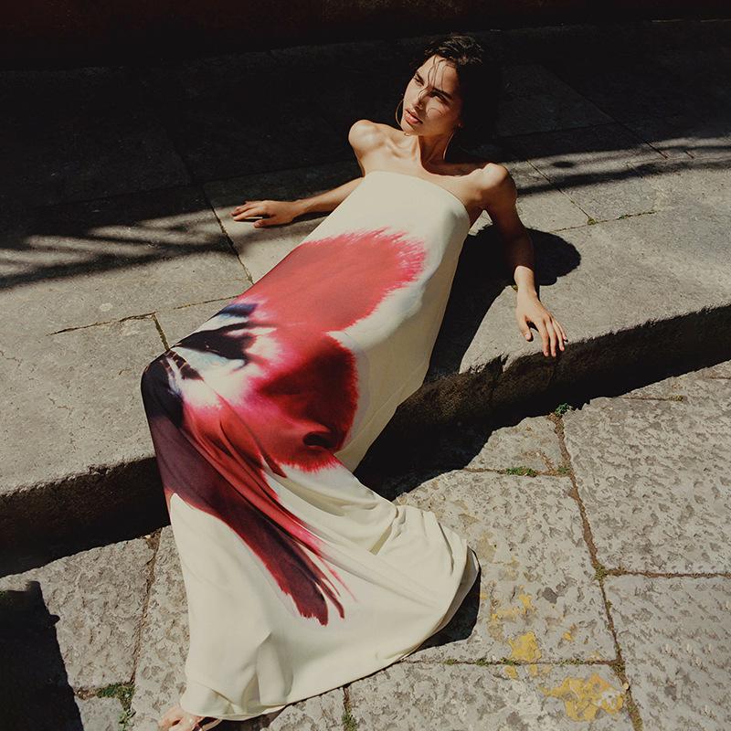 Floral Printed Strapless Loose Robes Women Sexy Off Shoulder Sleeveless Backless Maxi Dress Fashion Lady Party Dresses