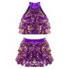 Girls Sparkling Dance Set Sleeveless Round Collar Backless Shiny Sequins Tiered Crop Top Elastic Waist Skirt