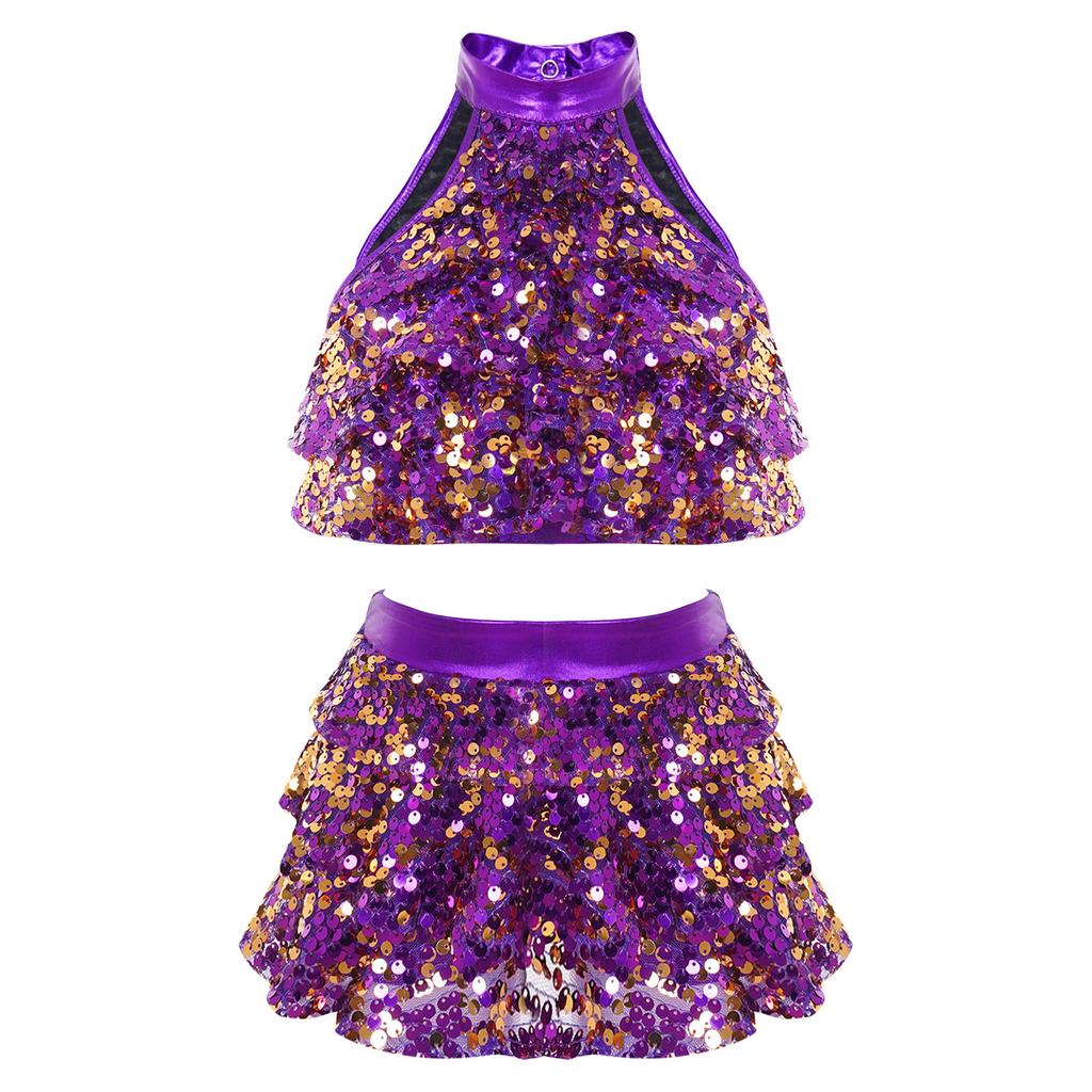 Girls Sparkling Dance Set Sleeveless Round Collar Backless Shiny Sequins Tiered Crop Top Elastic Waist Skirt
