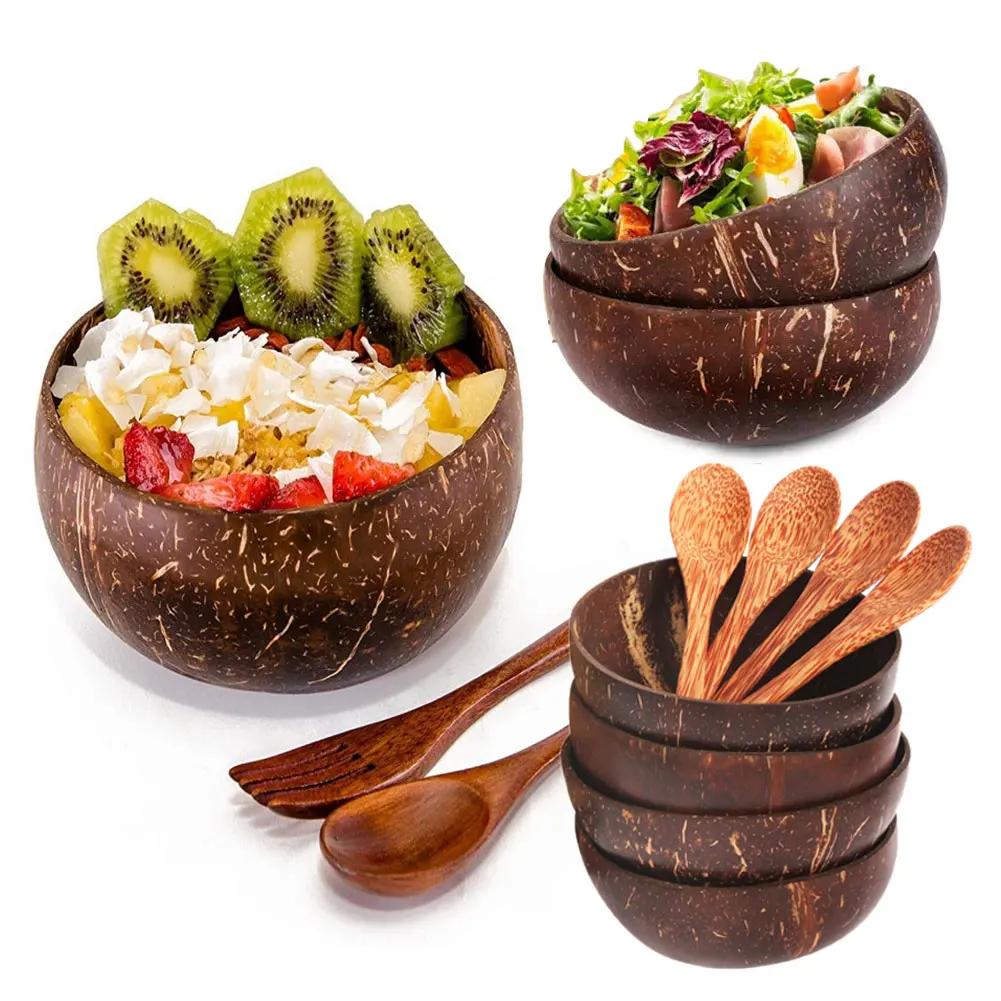 Natural Handmade Coconut Shell Bowl with Wooden Spoon Creative Wooden Salad Ramen Bowl Rice Fruit Container Kitchen Tableware
