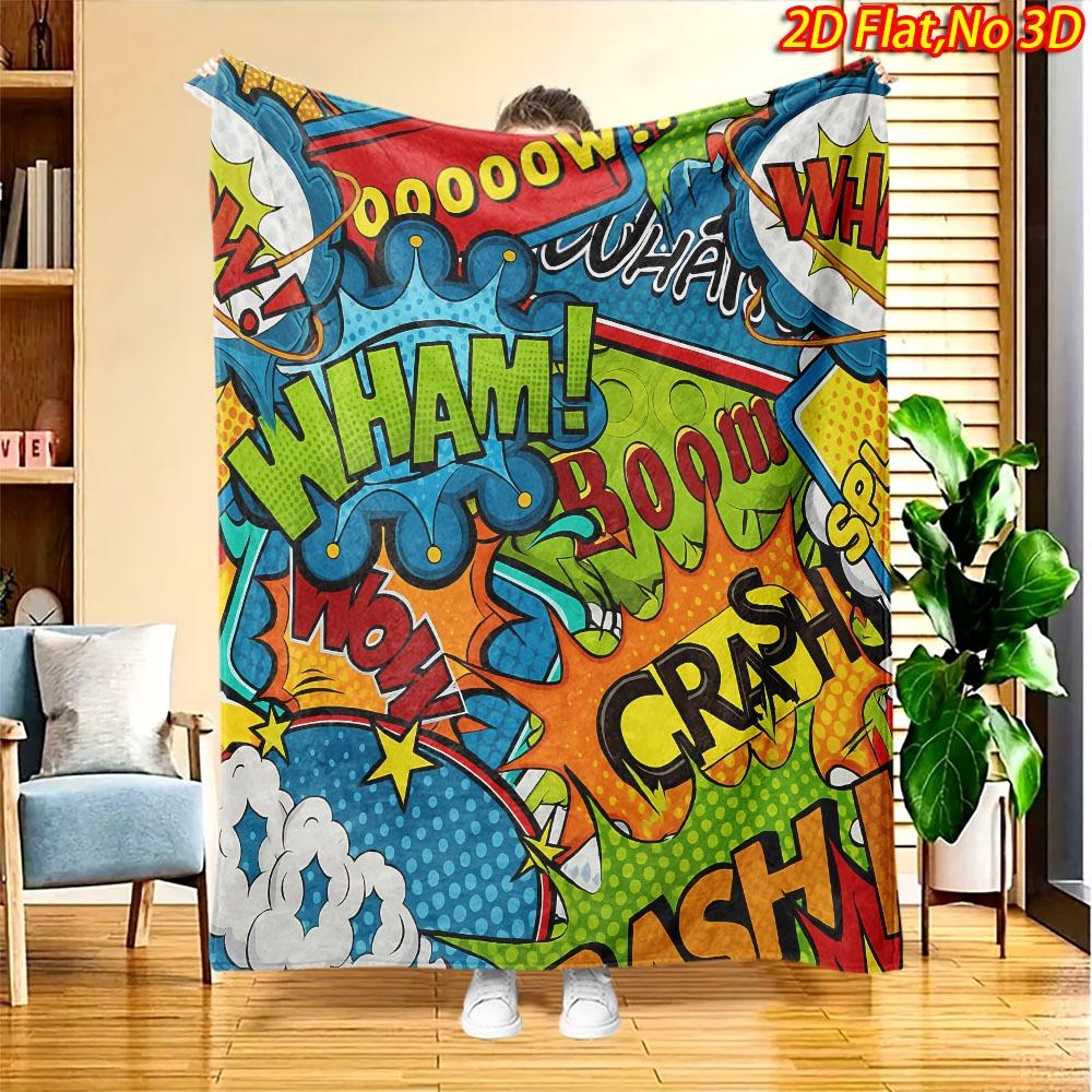 1pc Manga-Themed Explosion Sound Effect Blanket - Comic Print Bedspread Suitable for All Seasons, Soft Machine-Washable Polyester Throw for &, Cozy Gi